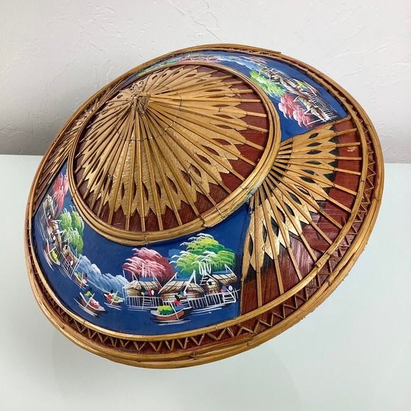 VTG Asian Wicker Bamboo Hat hand painted Gardening Beach Field Handmade SZ OSFM main image 7